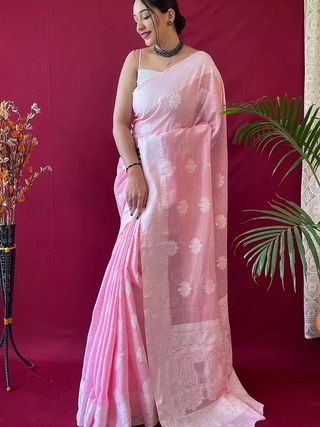 Pink Banarasi Soft Silk Jacquard Saree with Zari