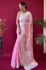 Pink Banarasi Soft Silk Jacquard Saree with Zari - Pink