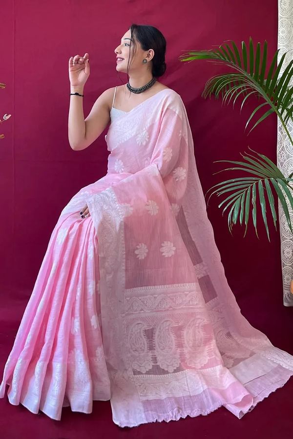  Pink Banarasi Soft Silk Jacquard Saree With Zari