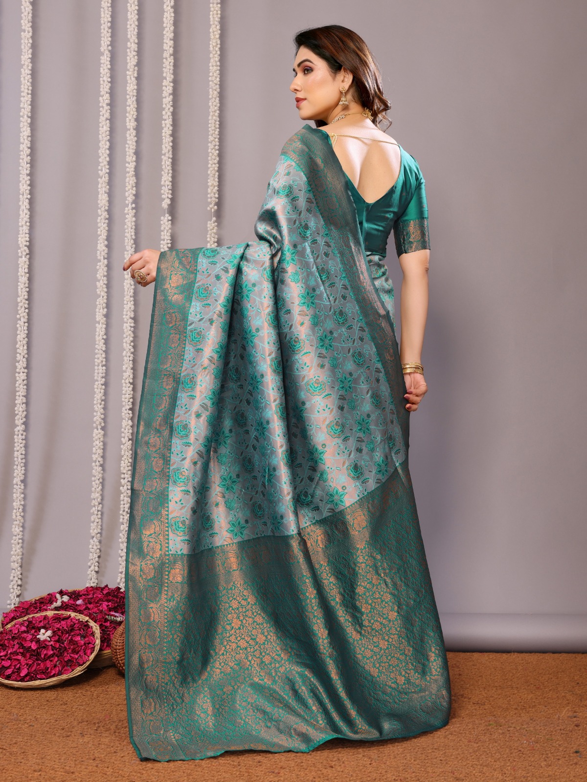 Teal Green Banarasi Soft Silk Jacquard Saree