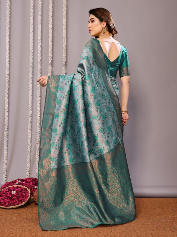 Teal Green Banarasi Soft Silk Jacquard Saree