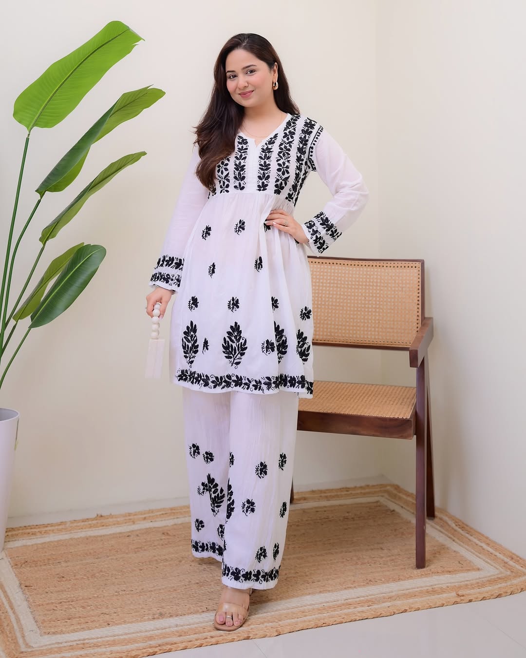 White Black Embroidered Rayon Kurta Palazzo Set