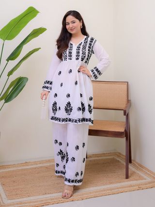 White Black Embroidered Rayon Kurta Palazzo Set