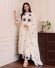 Cream Blue Embroidered Viscose Kurti Set - Cream