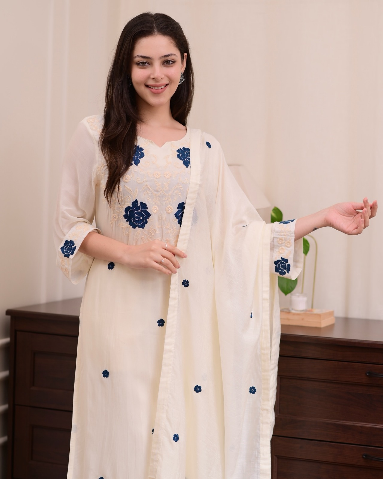 Cream Blue Embroidered Viscose Kurti Set