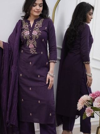 Purple Embroidered Viscose Kurti Set with Dupatta
