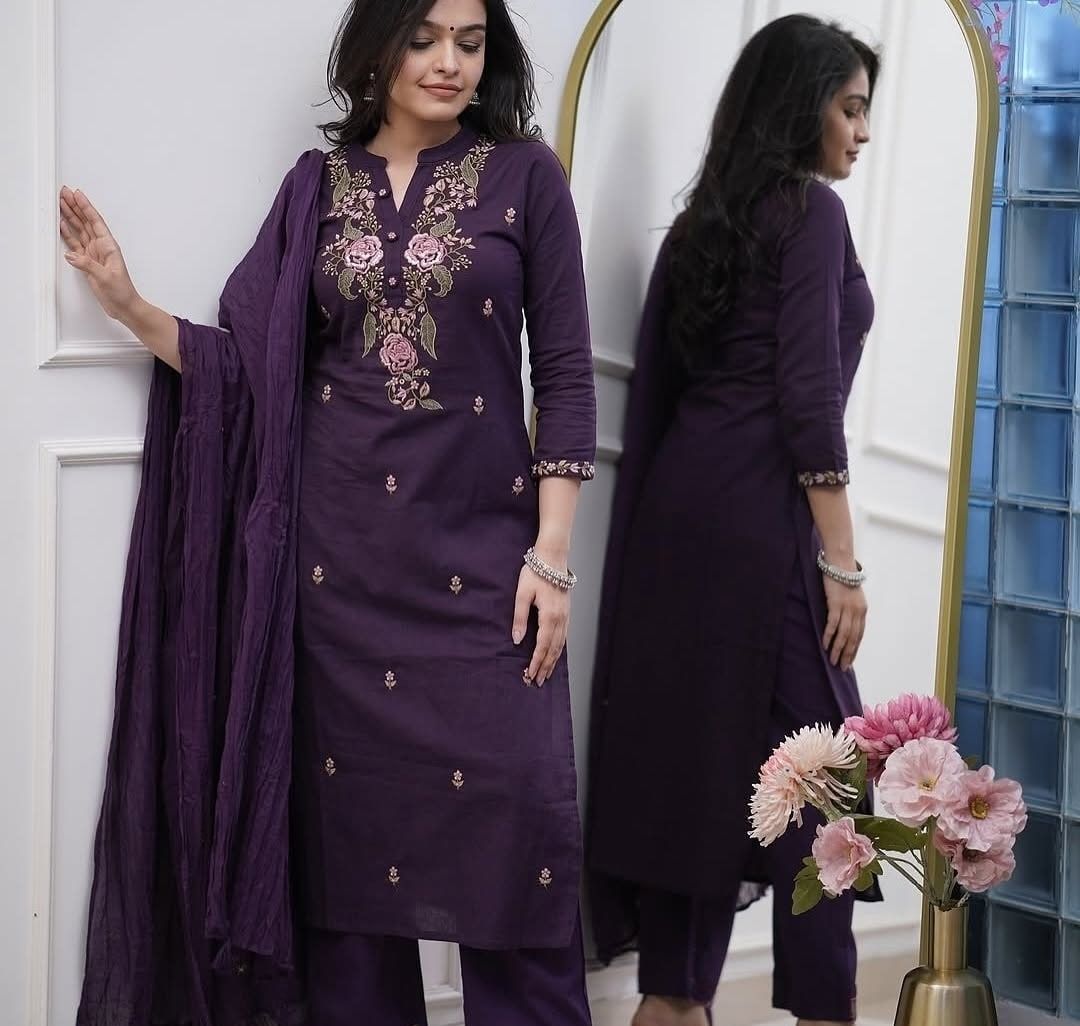 Purple Embroidered Viscose Kurti Set with Dupatta