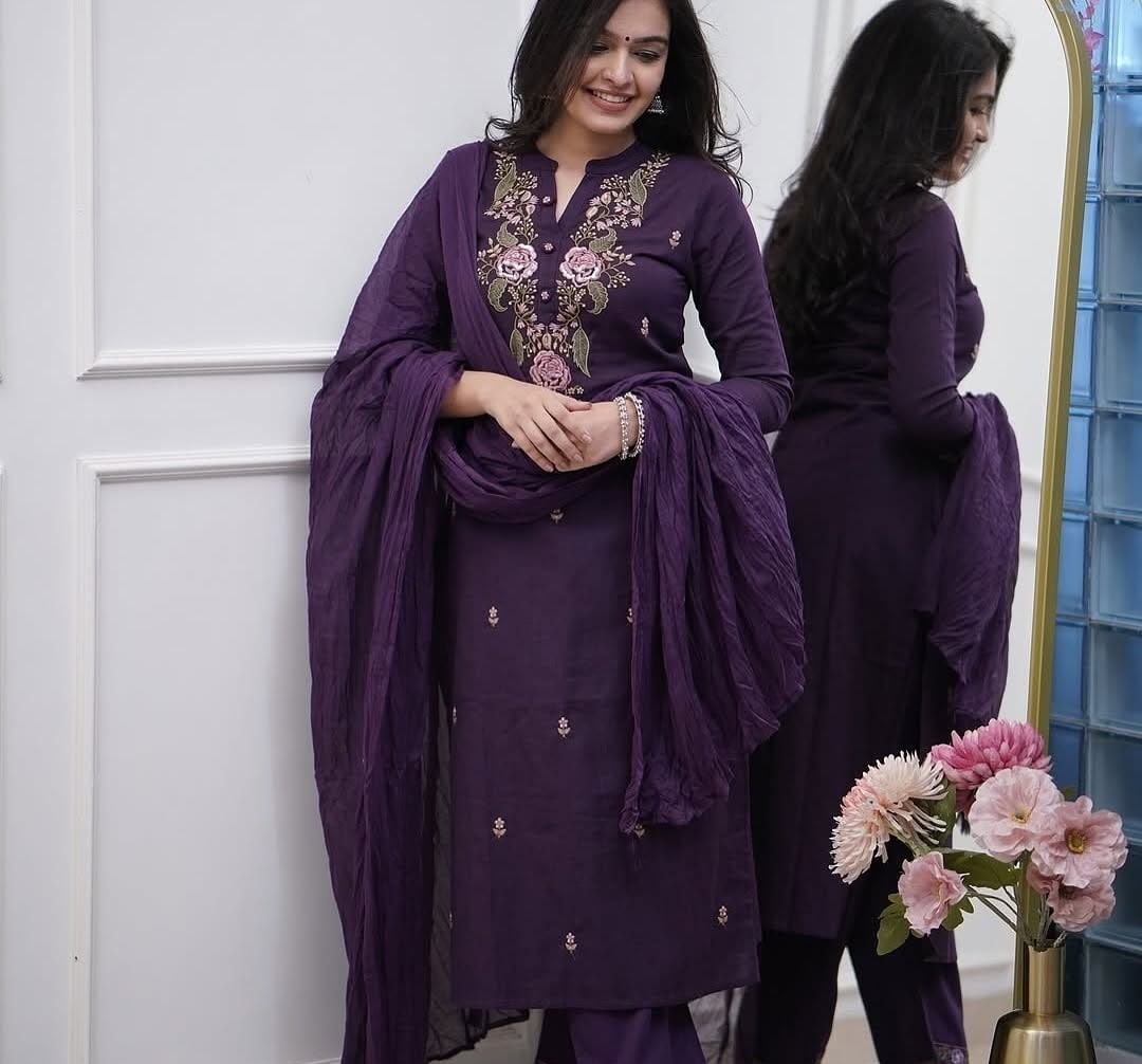 Purple Embroidered Viscose Kurti Set with Dupatta