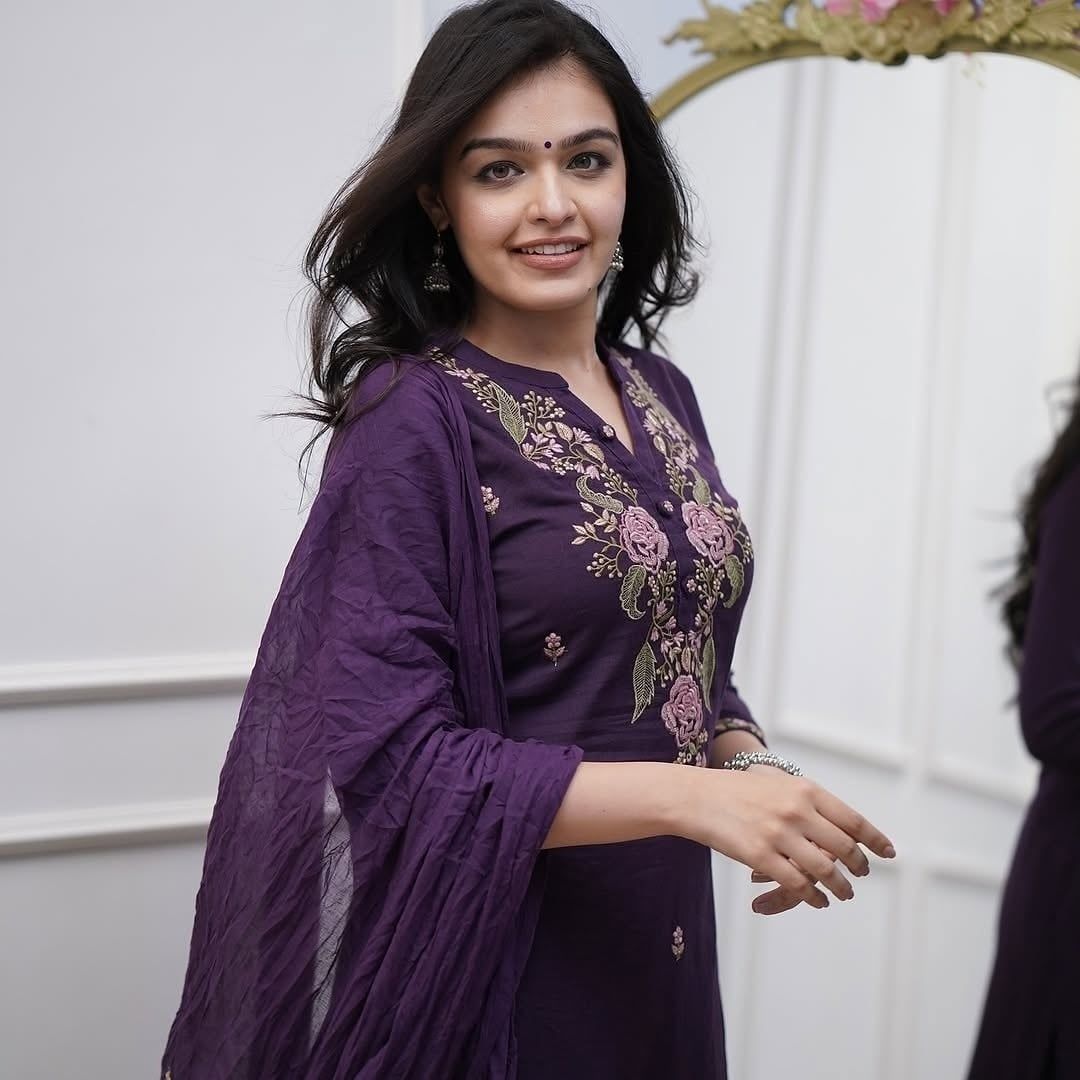 Purple Embroidered Viscose Kurti Set with Dupatta
