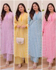 Striped Rayon Straight Kurta Palazzo Set for Women - multi color