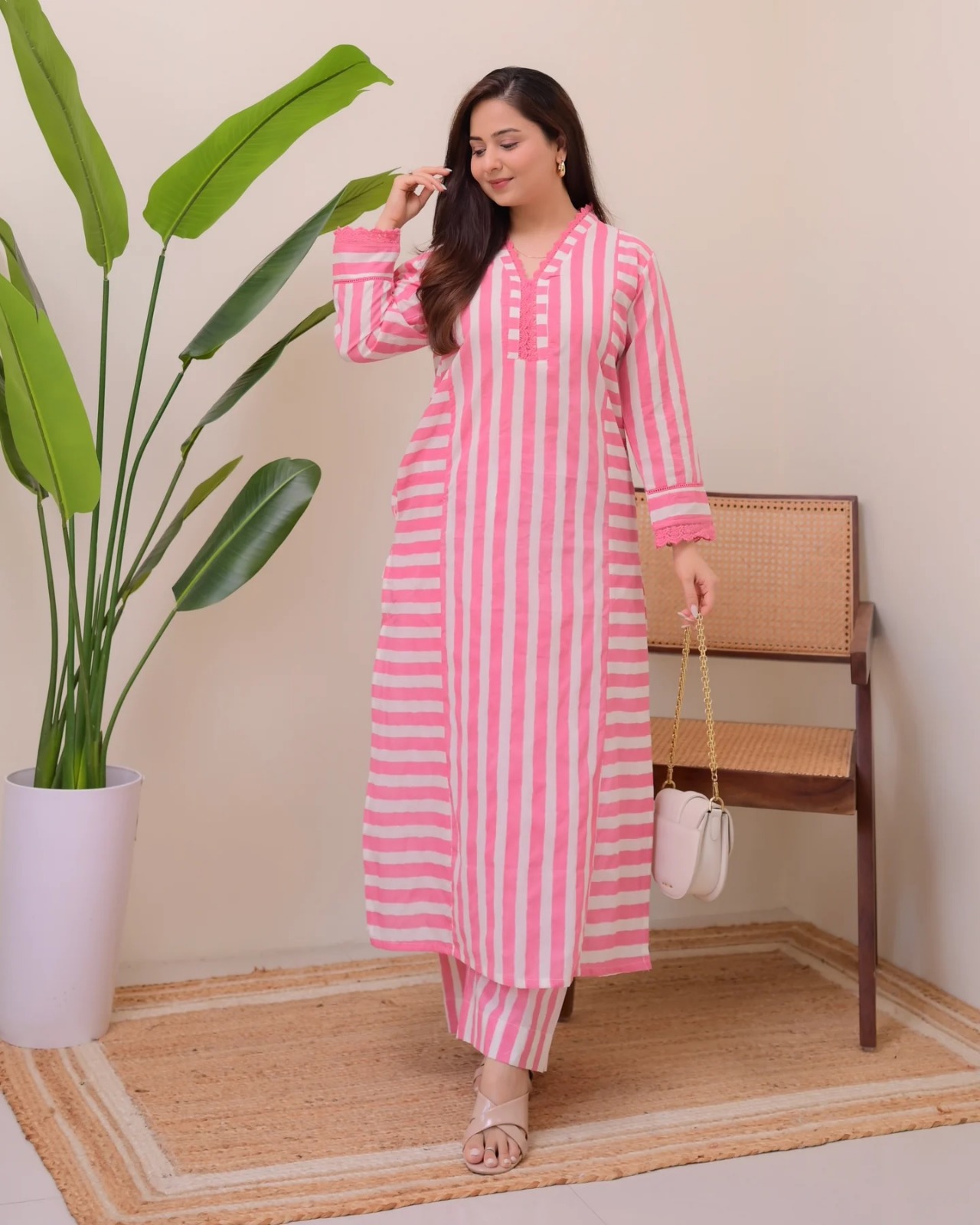 Striped Rayon Straight Kurta Palazzo Set for Women
