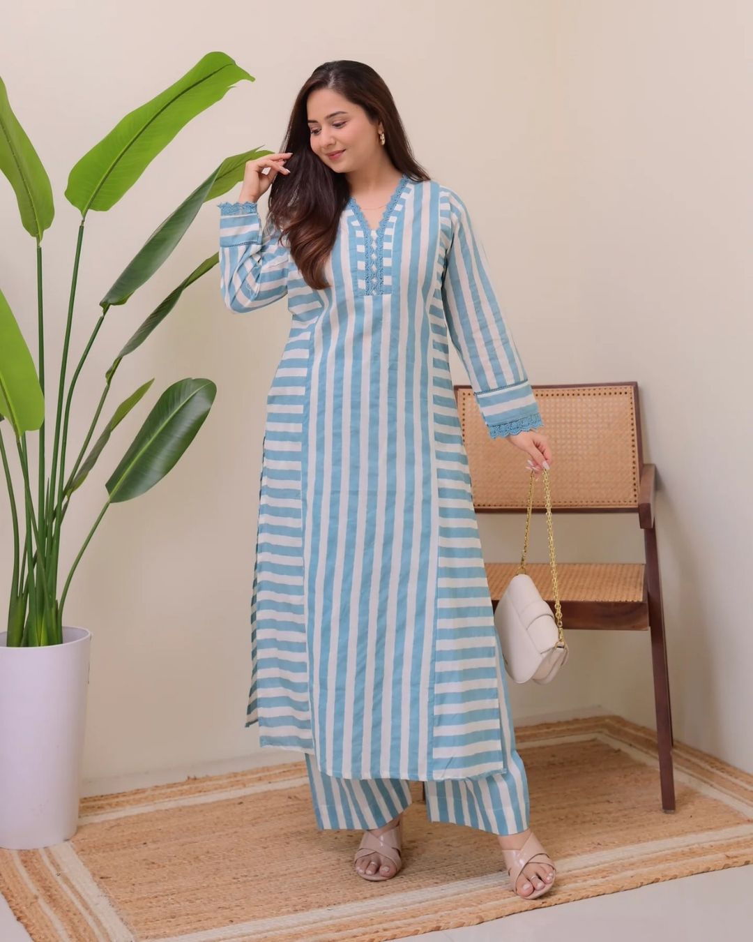 Striped Rayon Straight Kurta Palazzo Set for Women
