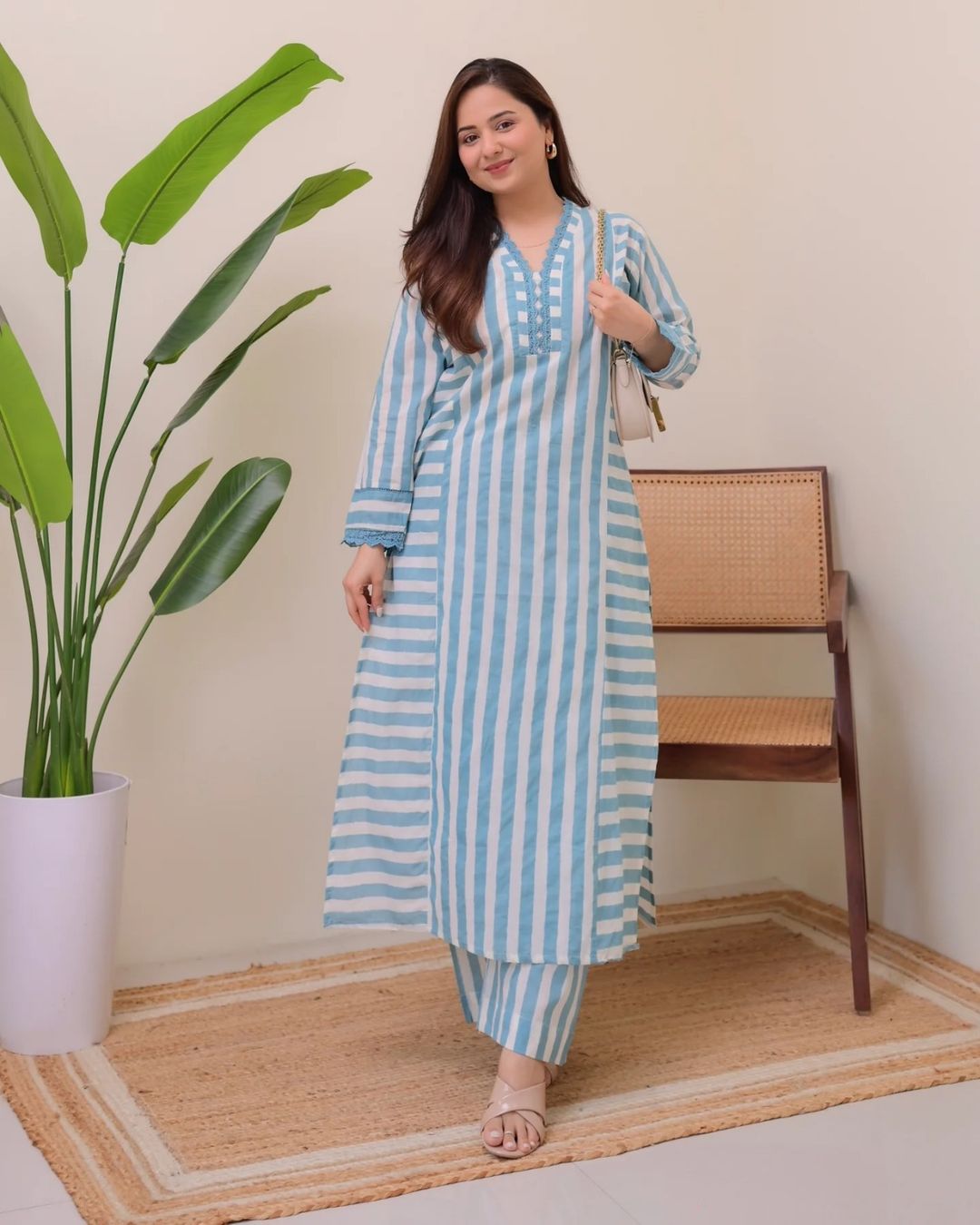 Striped Rayon Straight Kurta Palazzo Set for Women