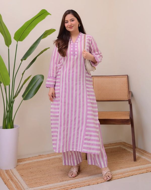  Striped Rayon Straight Kurta Palazzo Set For Women