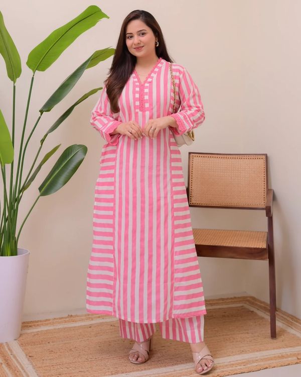 Striped Rayon Straight Kurta Palazzo Set for Women