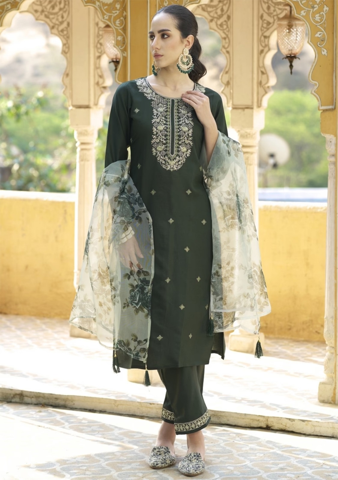 Green Embroidered Chanderi Cotton Kurta Set