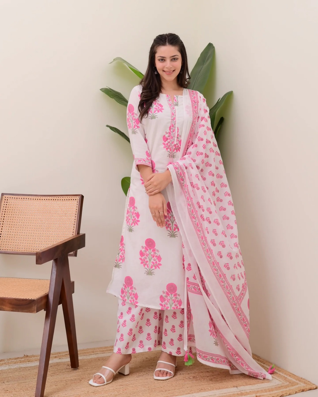 Cream Pink Printed Rayon Readymade Salwar Suit