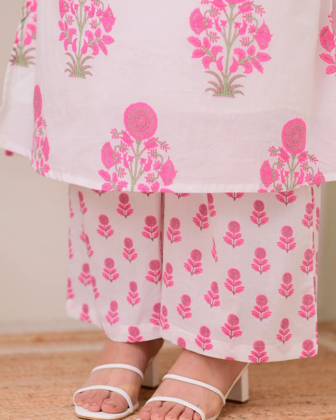 Cream Pink Printed Rayon Readymade Salwar Suit