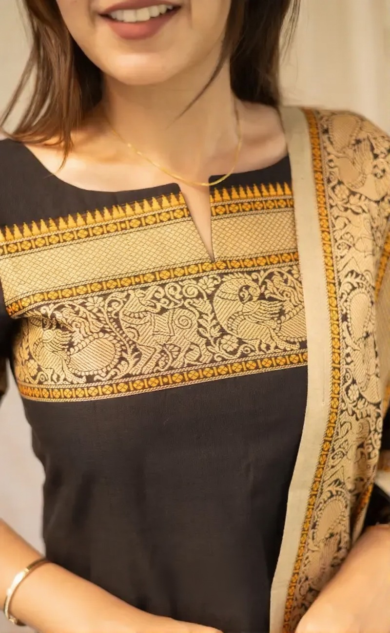 Black Jacquard Woven Kanchi Cotton Kurti Set