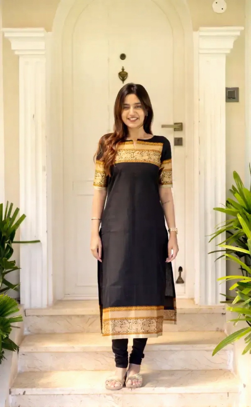 Black Jacquard Woven Kanchi Cotton Kurti Set