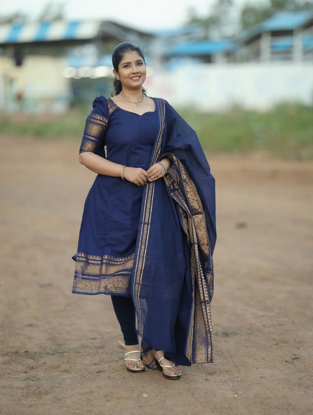 Blue Kanchi Cotton Jacquard Kurti Dupatta Set