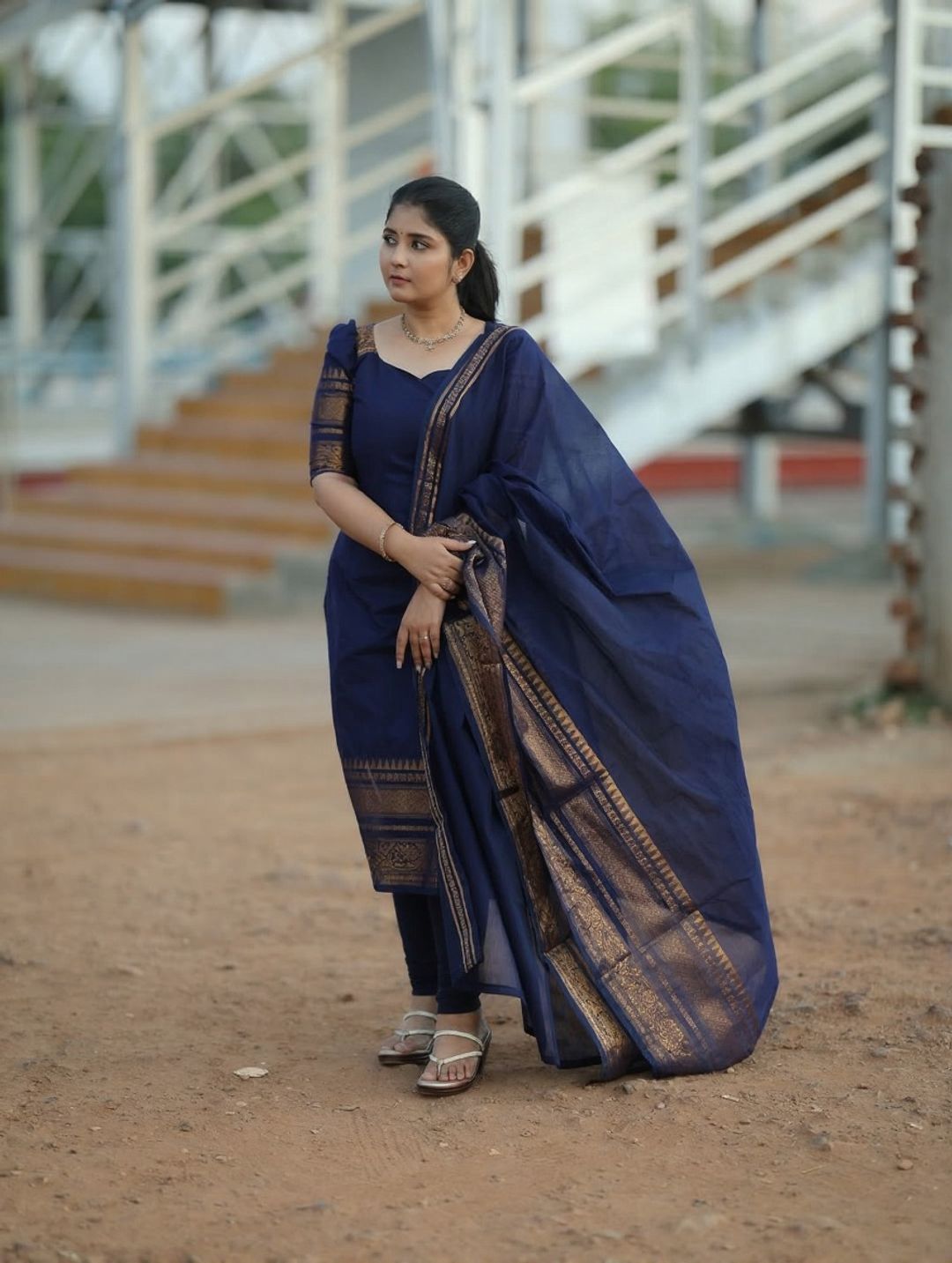 Blue Kanchi Cotton Jacquard Kurti Dupatta Set