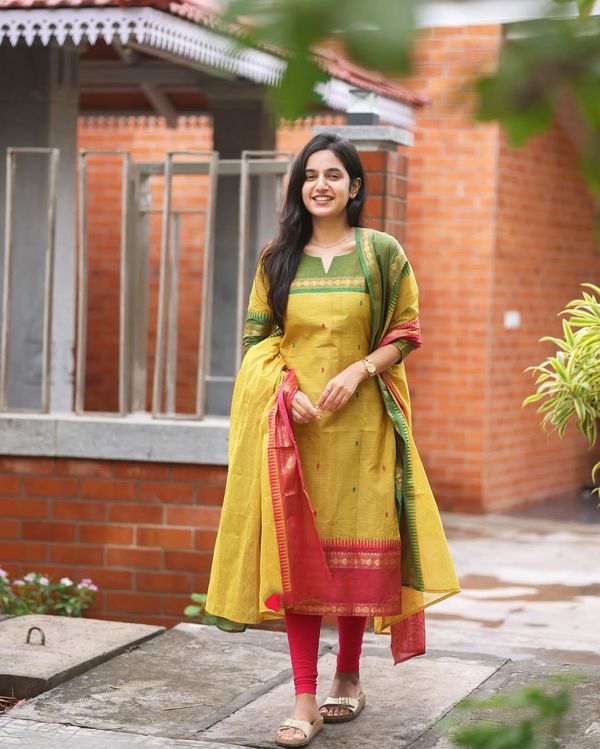  Yellow Jacquard Woven Kanchi Cotton Kurti Set