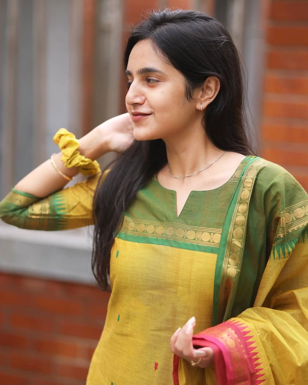 Yellow Jacquard Woven Kanchi Cotton Kurti Set
