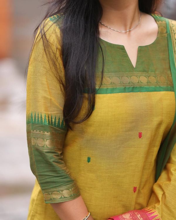 Yellow Jacquard Woven Kanchi Cotton Kurti Set