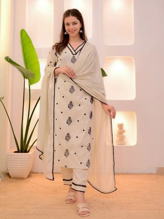 Cream Printed Straight Kurta Set with Dupatta