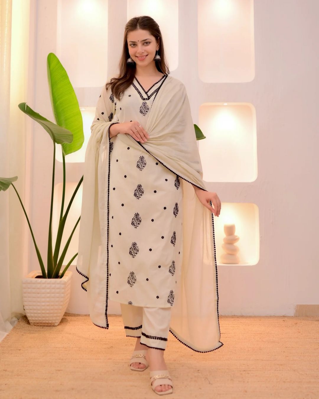Cream Printed Straight Kurta Set with Dupatta