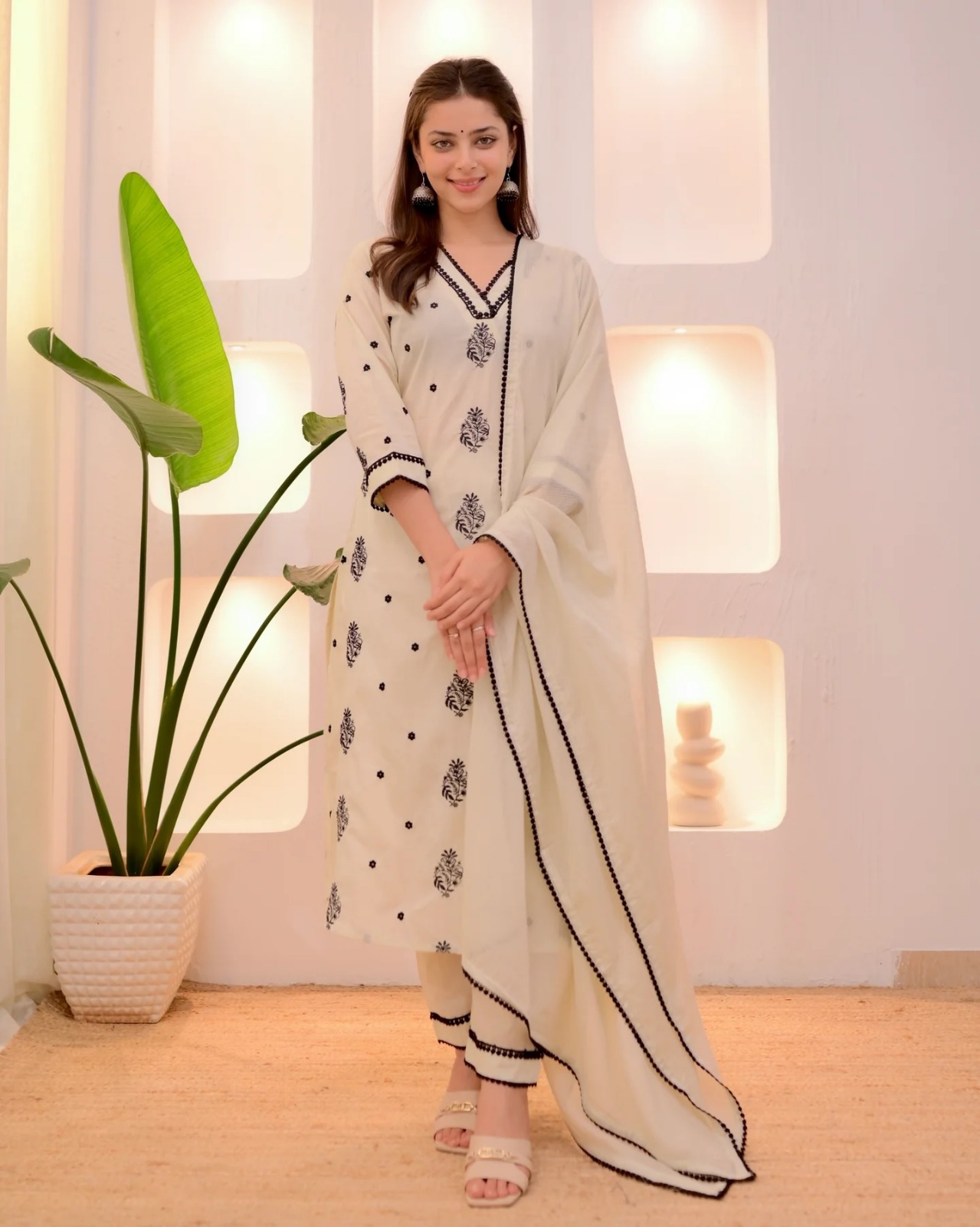 Cream Printed Straight Kurta Set with Dupatta