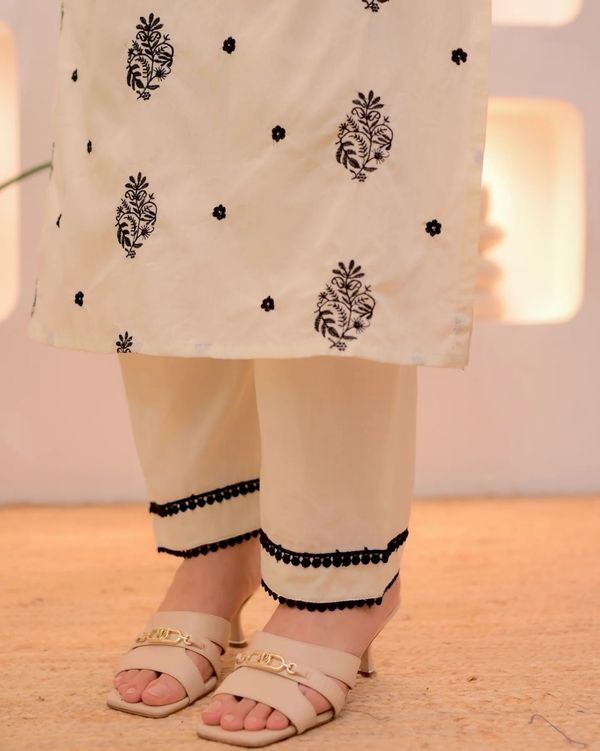 Cream Printed Straight Kurta Set with Dupatta