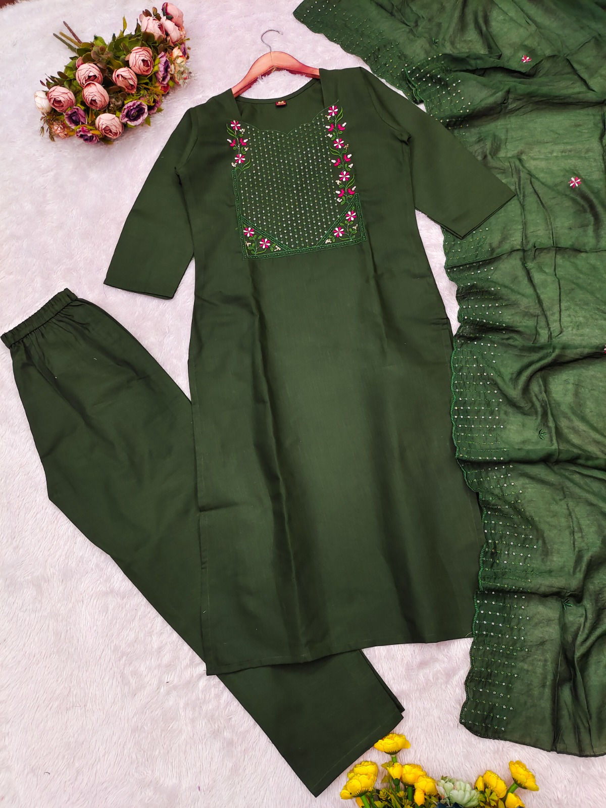 Vertical Cotton Straight Kurta Set with Dupatta