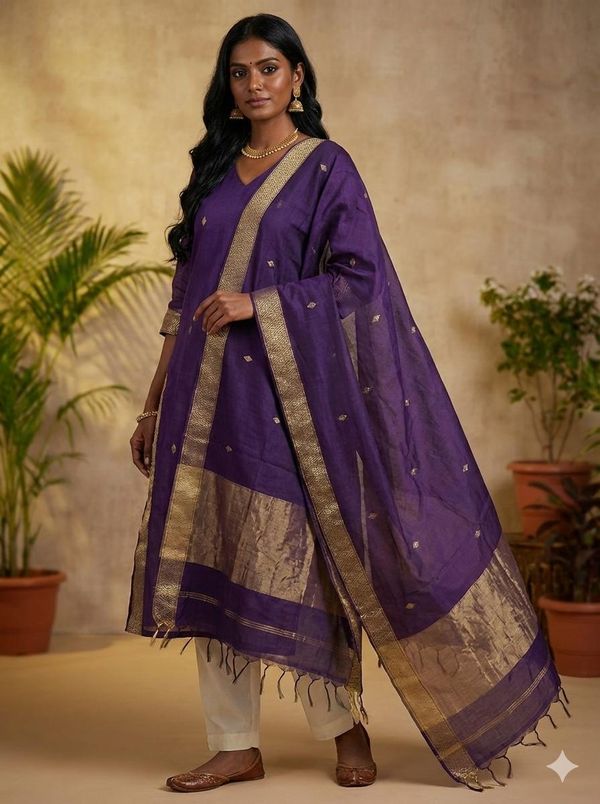 Violet Kanchi Cotton Kurta Dupatta Set for Women