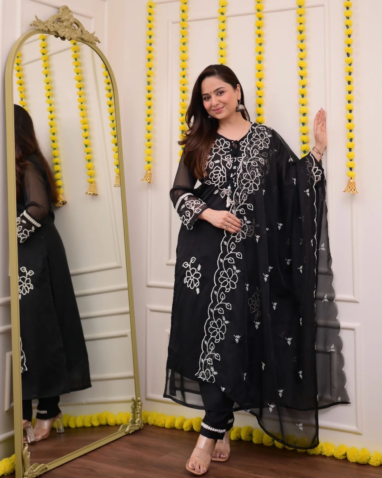 Black Georgette Embroidered Kurta Set for Women