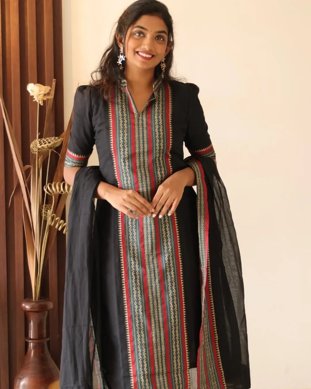 Black Kanchi Cotton Jacquard Kurti Dupatta Set