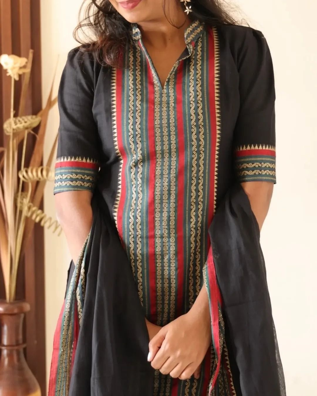Black Kanchi Cotton Jacquard Kurti Dupatta Set