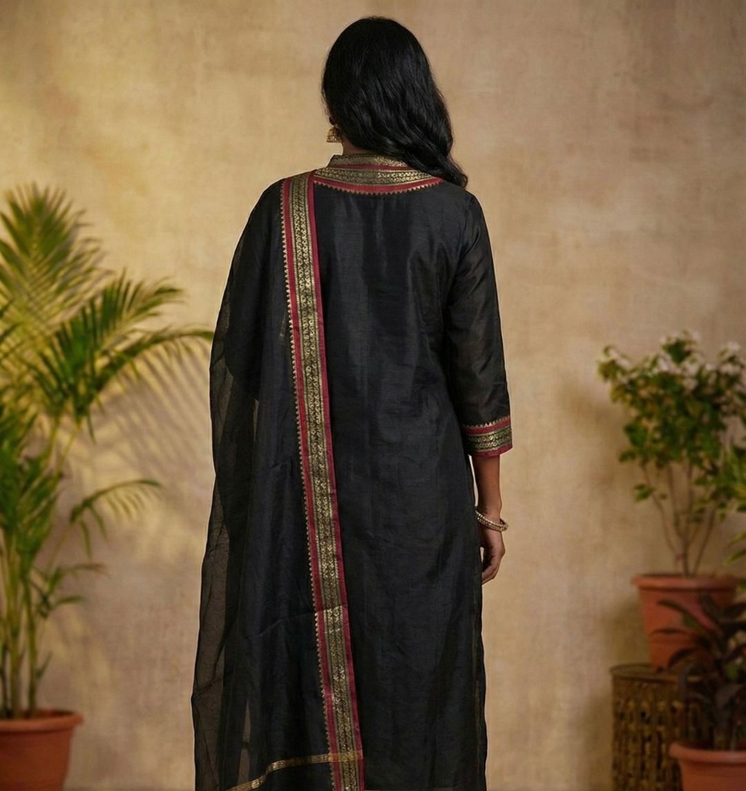 Black Kanchi Cotton Jacquard Kurti Dupatta Set