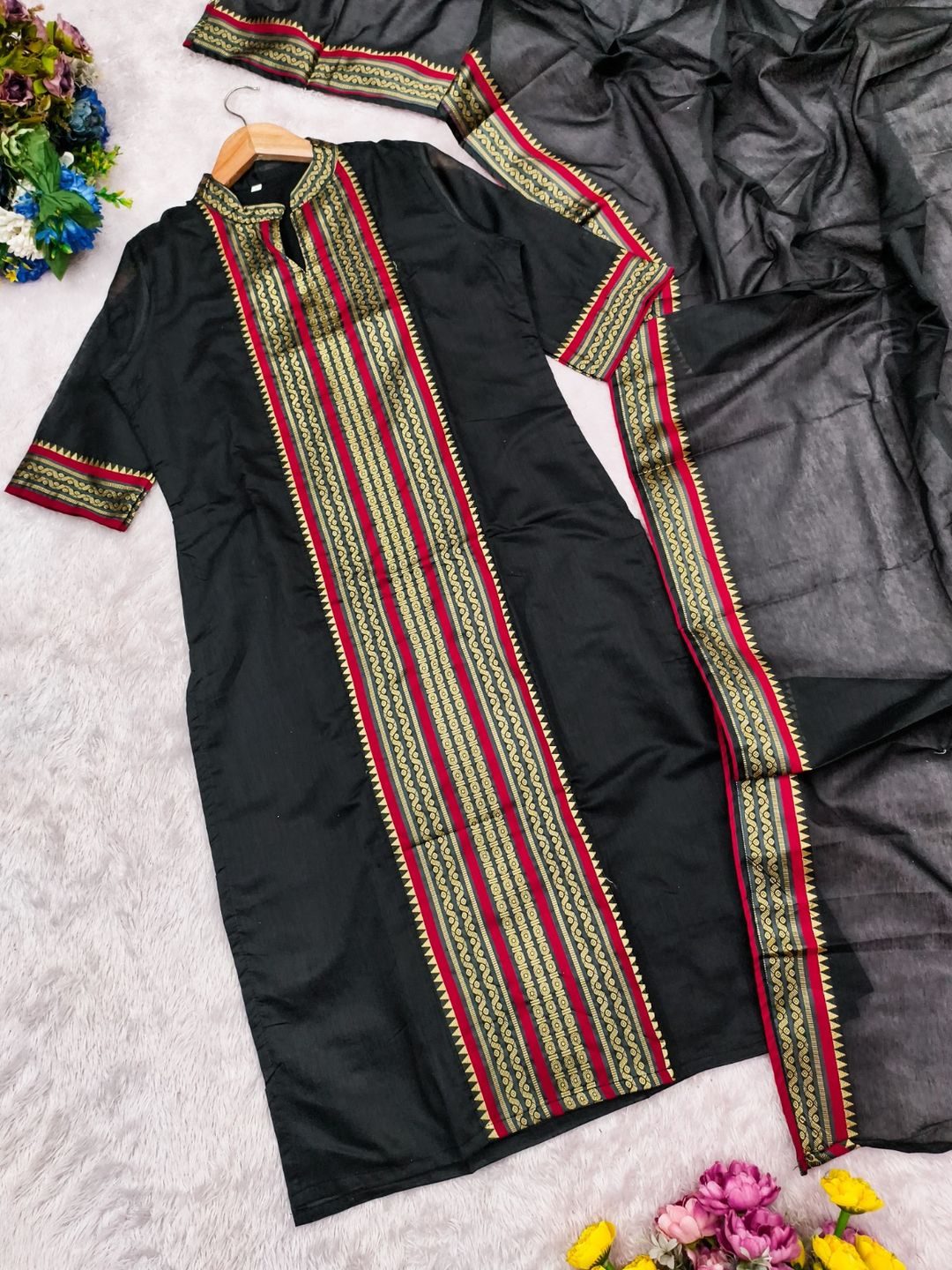 Black Kanchi Cotton Jacquard Kurti Dupatta Set
