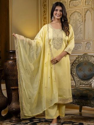 Yellow Embroidered Cotton Kurti Pant Set with Dupatta