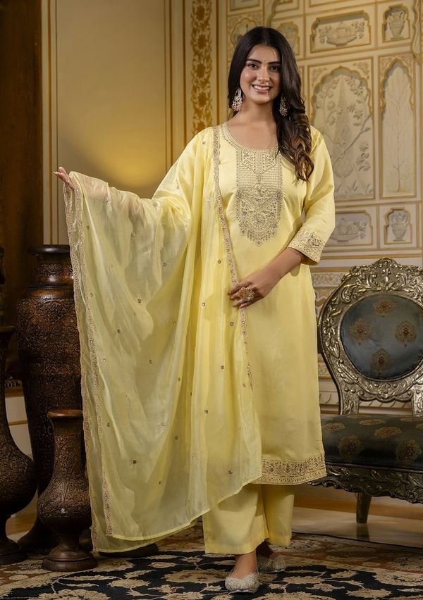  Yellow Embroidered Cotton Kurti Pant Set With Dupatta