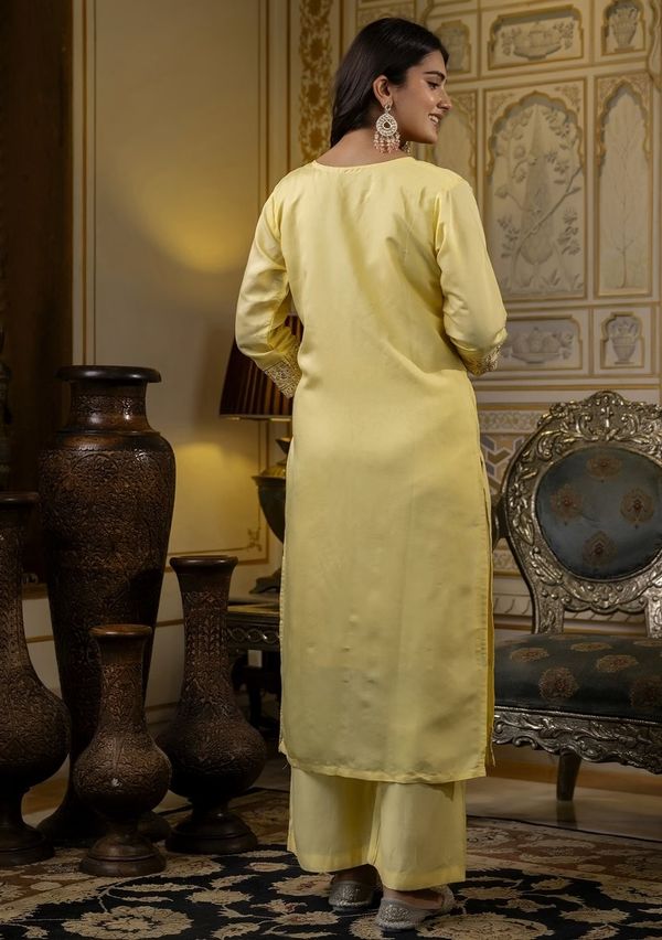  Yellow Embroidered Cotton Kurti Pant Set With Dupatta