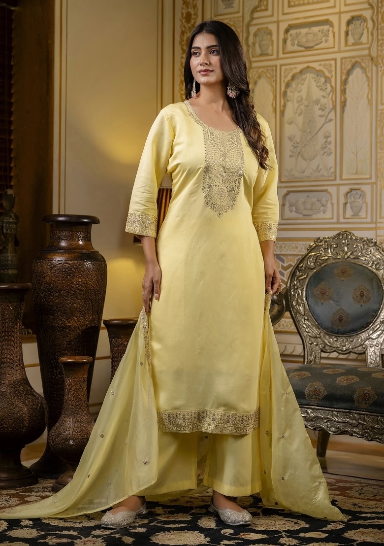 Yellow Embroidered Cotton Kurti Pant Set with Dupatta