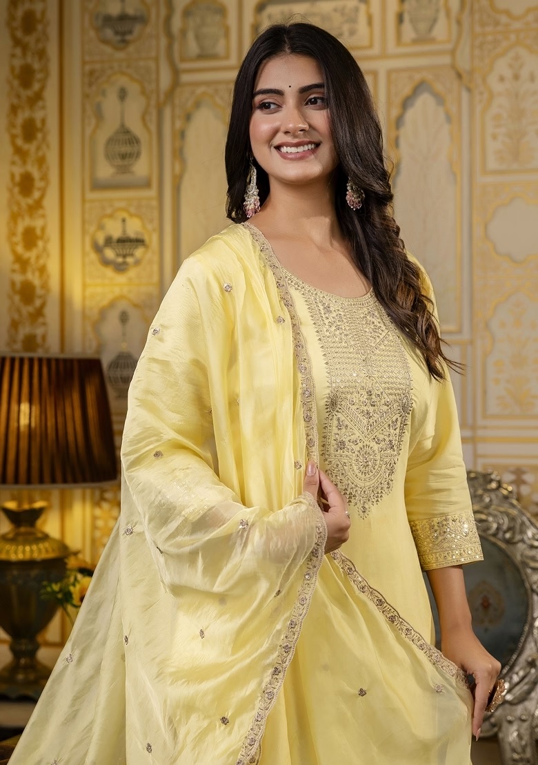 Yellow Embroidered Cotton Kurti Pant Set with Dupatta