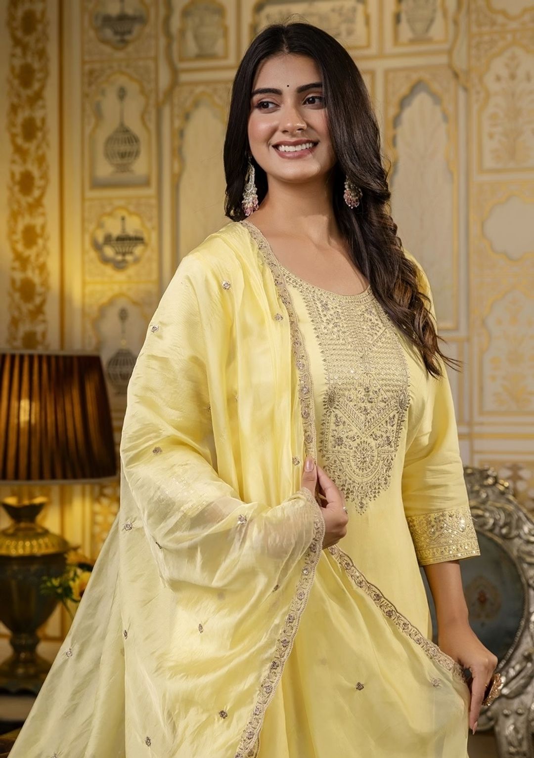 Yellow Embroidered Cotton Kurti Pant Set with Dupatta