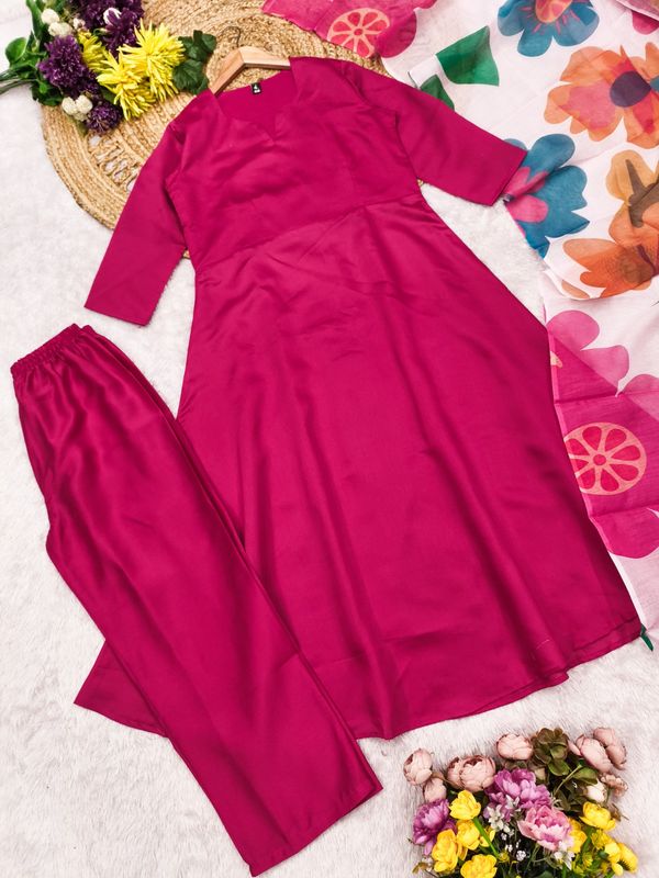 Pink Chanderi Cotton Kurti Pant Dupatta Set
