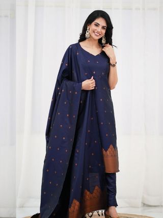 Navy Blended Silk Zari Kurti Pant Dupatta Set