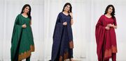 Navy Blended Silk Zari Kurti Pant Dupatta Set - Blue