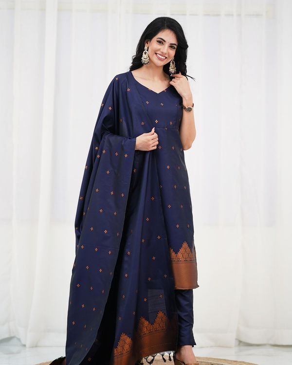 Navy Blended Silk Zari Kurti Pant Dupatta Set